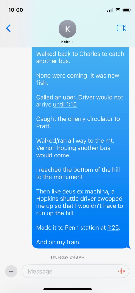 A screenshot of a text message conversation detailing the user's stressful commuting journey, including waiting for buses, missing a light rail, calling an Uber, and catching a shuttle to Penn Station.